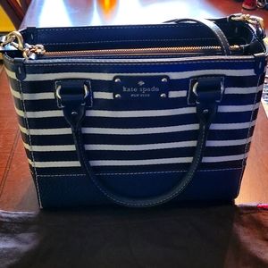 Kate Spade Handbag, lacquered twill, navy striped